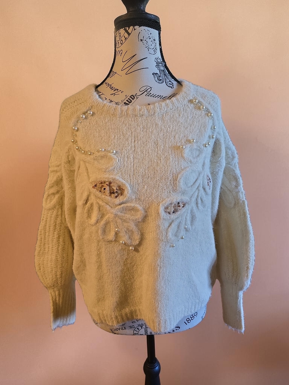 Cream Pearl-Embellished Women's‎ Sweater